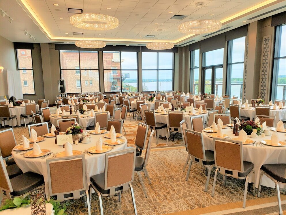 Mississippi Ballroom set with banquet tables with large windows